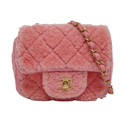 CHANEL CLASSIC FLAP Mini Pink Wool Grained Quilted Flap Bag Crossbody Shoulder Bag with Gold Hardware and 30 Opening-(SKU)-960500213