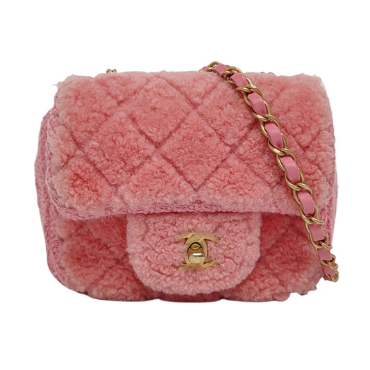 CHANEL CLASSIC FLAP Mini Pink Wool Grained Quilted Flap Bag Crossbody Shoulder Bag with Gold Hardware and 30 Opening-(SKU)-960500213