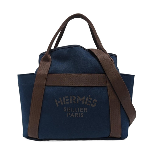 HERMÈS Sac De Pansage 38 Deep Blue Canvas Shoulder Bag Tote Bag Silver Hardware Z Engraved Removable Strap-(SKU)-960505829