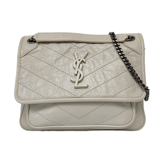 YSL NIKI Small Size Light Gray Calf Leather V-Stitch Crinkle Single Shoulder Bag Crossbody Bag Palladium Hardware-(SKU)-960598490