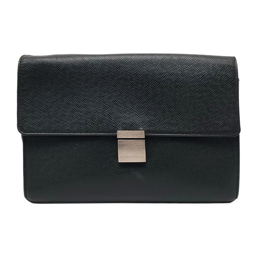 LOUIS VUITTON SELENGA Black Leather Clutch Handbag Silver Hardware-(SKU)-960473298