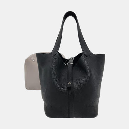 HERMÈS Picotin 22 Black Clemence Leather Basket Tote Bag Silver Hardware A Stamp-(SKU)-960604433
