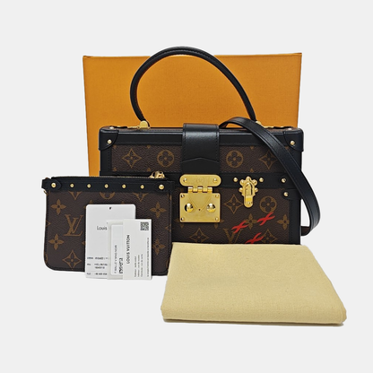 LOUIS VUITTON PETITE MALLE Brown Coated Canvas Monogram Printed Crossbody Bag Shoulder Bag Handbag Detachable Strap Golden Hardware Detachable Strap Pockets Complete Accessories-(SKU)-961044267