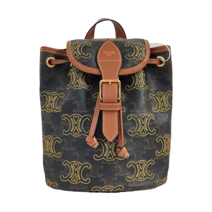 CELINE TRIOMPHE Mini Brown Coated Canvas Triomphe Double Shoulder Bag Tote with Gold Hardware-(SKU)-961047540