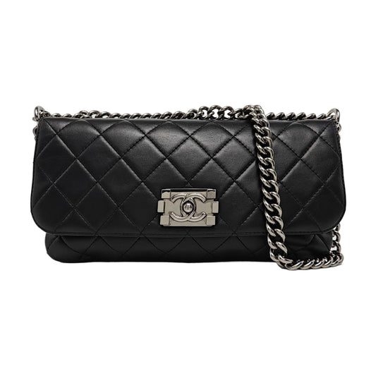 CHANEL BOY CHANEL Black Lamb Skin Quilted Single Shoulder Bag with Silver Hardware, 16 Clasp-(SKU)-961049514