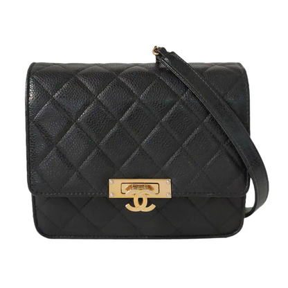 CHANEL DOUBLE CC Black Calfskin Quilted Leather Single Shoulder Bag Crossbody Bag Golden Hardware 25 Clasp-(SKU)-961310373