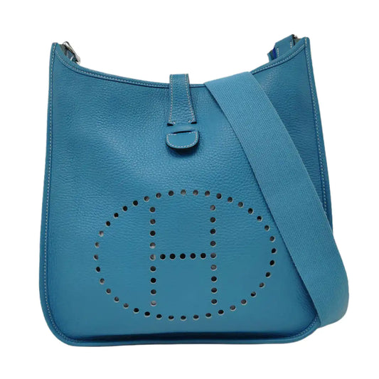 HERMÈS Evelyne GM Denim Blue Clemence Cowhide Openwork Evelyne Sling Bag Single Shoulder Bag Silver Hardware 🄾 Removable Strap-(SKU)-961378658