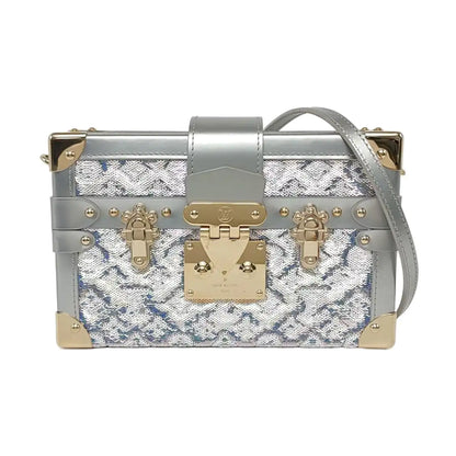 LOUIS VUITTON PETITE MALLE Silver Satin Shoulder Bag Crossbody Golden Hardware Removable Shoulder Strap Complete Accessories-(SKU)-961332912