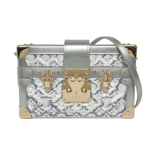 LOUIS VUITTON PETITE MALLE Silver Satin Shoulder Bag Crossbody Golden Hardware Removable Shoulder Strap Complete Accessories-(SKU)-961332912