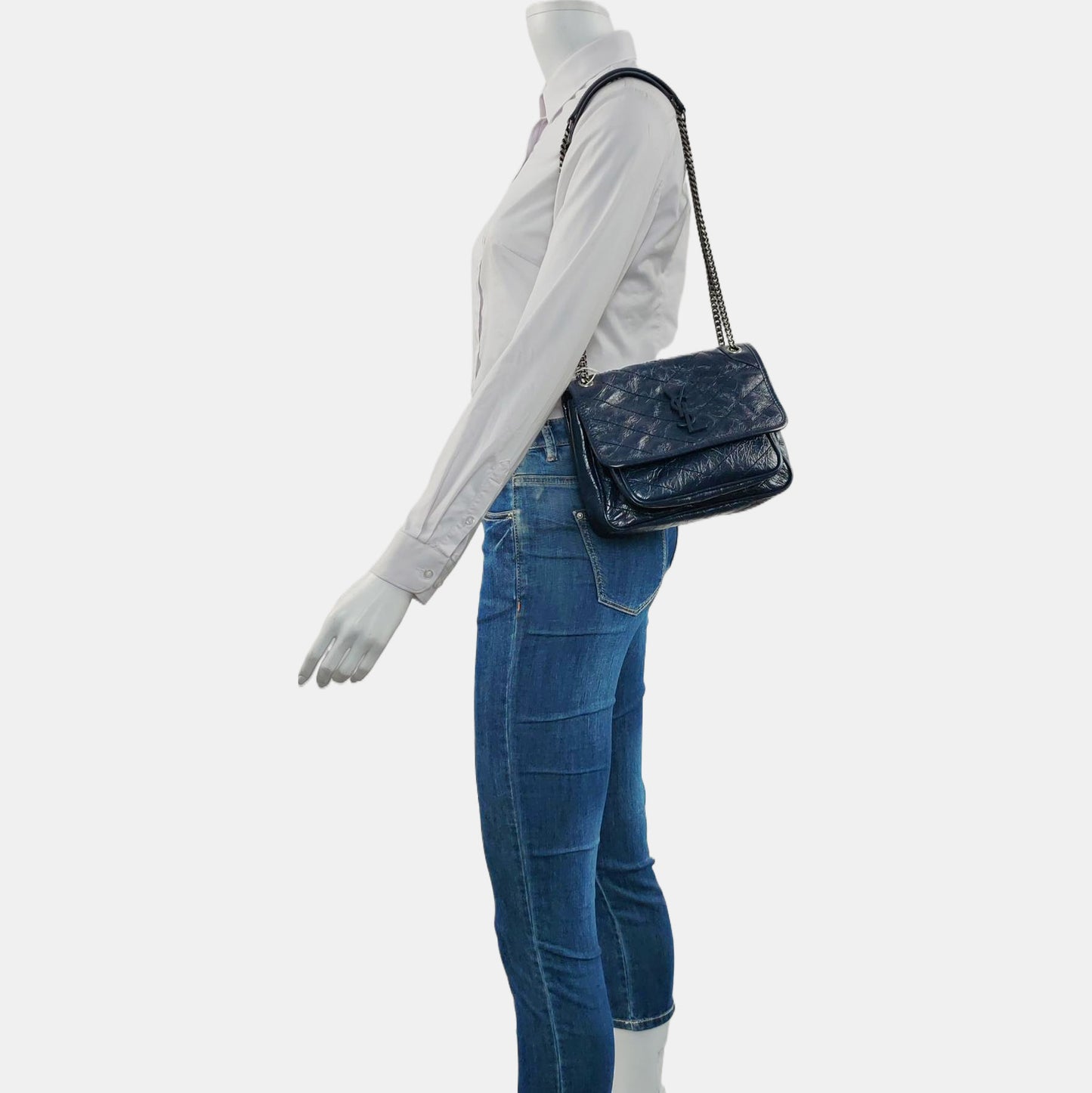 YSL NIKI Small Size Dark Blue Calf Leather Quilted V-Stitch Single Shoulder Bag Crossbody Bag Palladium Hardware-(SKU)-932669743