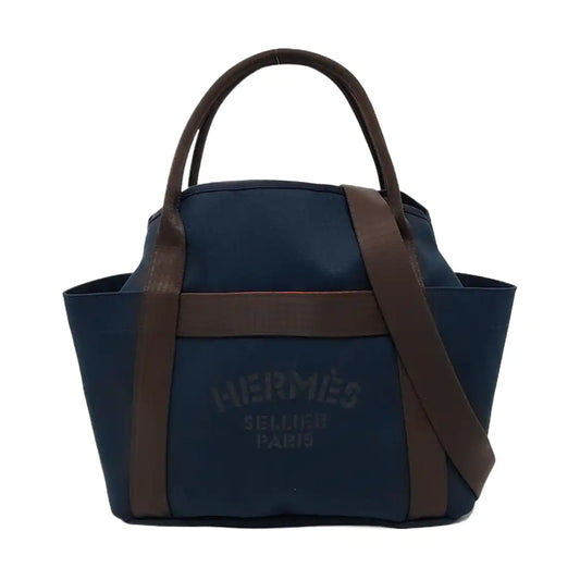 HERMÈS Sac De Pansage 38 Deep Blue Canvas Crossbody Shoulder Bag Tote Bag Silver Hardware U Engraving Removable Shoulder Strap-(SKU)-961484827