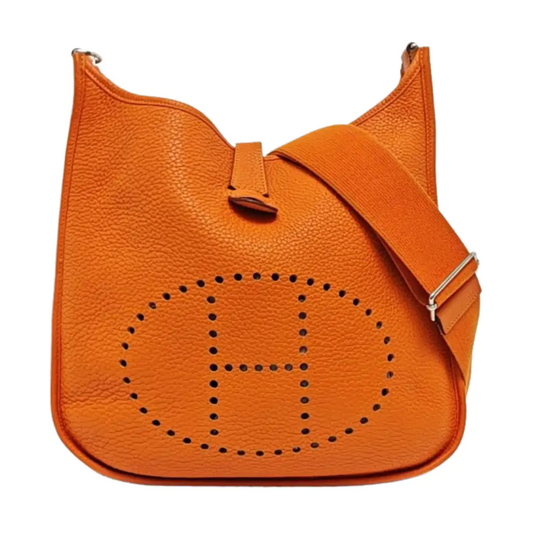 HERMÈS Evelyne GM Hermes orange Clemence leather Evelyne GM bag crossbody bag with handle, silver hardware, embossed H, removable shoulder strap-(SKU)-961912745