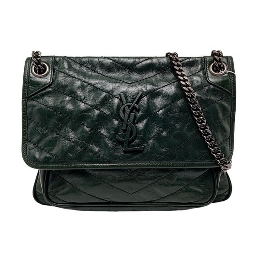 YSL NIKI Medium Size Dark Green Calf Leather V-Stitch Crinkle Single Shoulder Bag Crossbody Bag Black Hardware-(SKU)-961734723