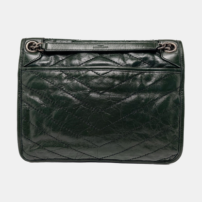 YSL NIKI Medium Size Dark Green Calf Leather V-Stitch Crinkle Single Shoulder Bag Crossbody Bag Black Hardware-(SKU)-961734723
