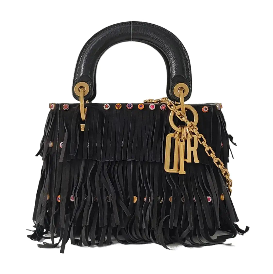 DIOR Lady Dior Mini Black Suede Leather Studded Fringe Crossbody Bag with Gold Hardware, Detachable Strap-(SKU)-961788599