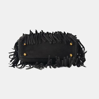 DIOR Lady Dior Mini Black Suede Leather Studded Fringe Crossbody Bag with Gold Hardware, Detachable Strap-(SKU)-961788599