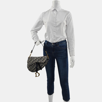 DIOR Saddle Small Size Blue Canvas Monogrammed Saddle Bag Shoulder Bag Tote Bag Golden Hardware-(SKU)-962210262