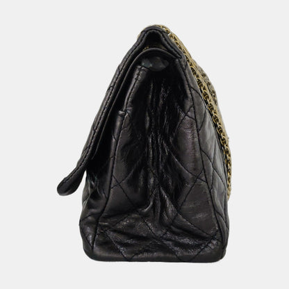 CHANEL 2.55 Black Calfskin Quilted Diamond Pattern Shoulder Bag Gold Hardware 12 Clasp-(SKU)-962208163