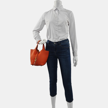 HERMÈS Picotin Lock 18 Hermes Orange Clemence Leather Tote Handbag with Silver Hardware-(SKU)-962333436