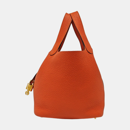HERMÈS Picotin Lock 18 Hermes Orange Clemence Leather Tote Handbag with Silver Hardware-(SKU)-962333436