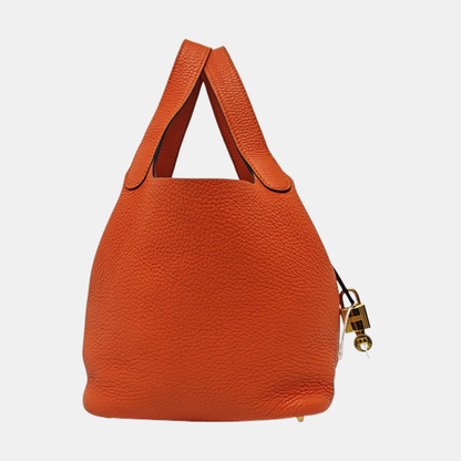 HERMÈS Picotin Lock 18 Hermes Orange Clemence Leather Tote Handbag with Silver Hardware-(SKU)-962333436