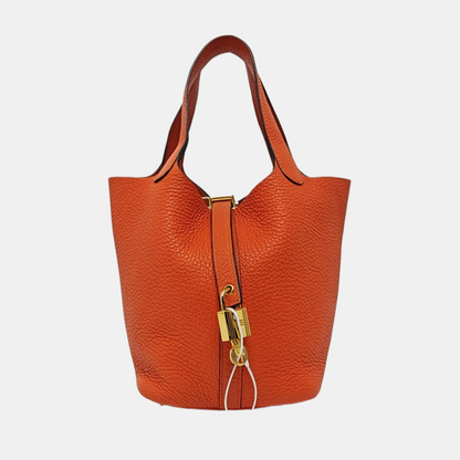 HERMÈS Picotin Lock 18 Hermes Orange Clemence Leather Tote Handbag with Silver Hardware-(SKU)-962333436