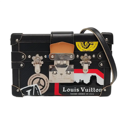 LOUIS VUITTON PETITE MALLE Black Leather Embossed Crossbody Bag Handbag Single Shoulder Bag with Detachable Strap and Silver Hardware-(SKU)-962638559