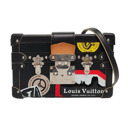 LOUIS VUITTON PETITE MALLE Black Leather Embossed Crossbody Bag Handbag Single Shoulder Bag with Detachable Strap and Silver Hardware-(SKU)-962638559