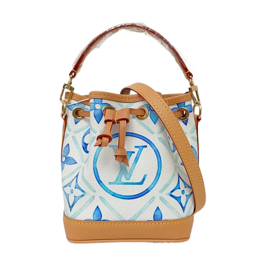 LOUIS VUITTON NOÉ Nano White Coated Canvas Monogram Shoulder Bag with Gold Hardware and 2 Detachable Straps-(SKU)-962961860