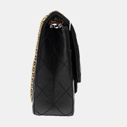CHANEL 2.55 Black Leather Quilted Chain Shoulder Bag with Gold Hardware, 30 Clasps-(SKU)-963142533