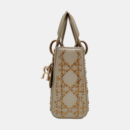 DIOR Lady Dior mini champagne lamb skin Cannage pattern three-compartment crossbody bag, shoulder bag with gold hardware and detachable strap-(SKU)-963332269