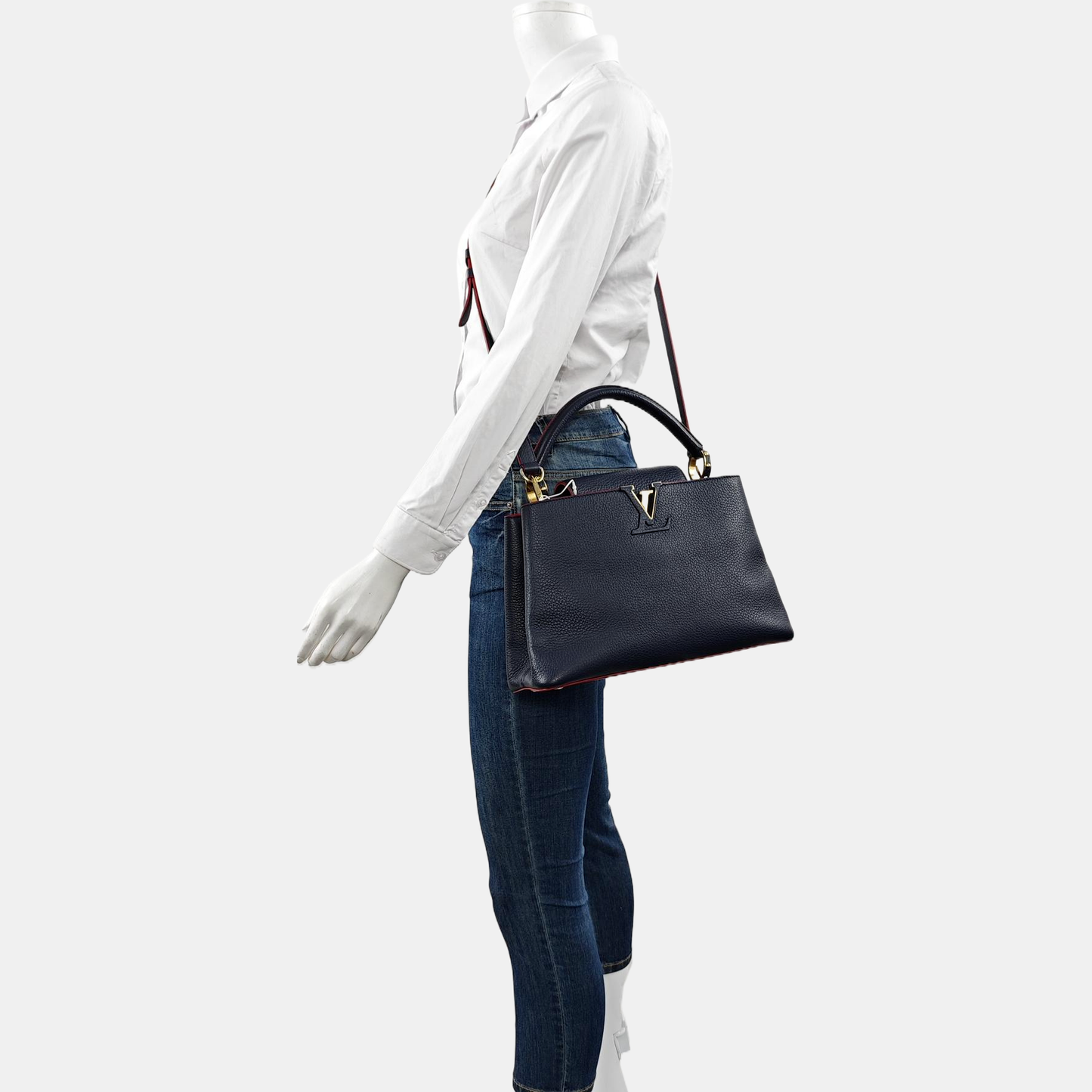 LOUIS VUITTON CAPUCINES Medium Deep Blue Calfskin Shoulder Bag Tote Bag Crossbody Bag Gold Hardware Removable Strap-(SKU)-963373643