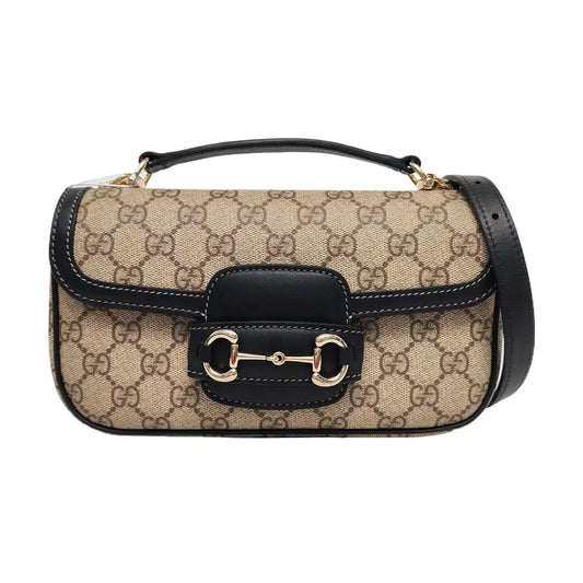 GUCCI Horsebit 1955 Small Size Beige Coated Canvas Monogram Horsebit Shoulder Bag Handbag Removable Strap Light Gold Hardware Complete Accessories-(SKU)-963431275
