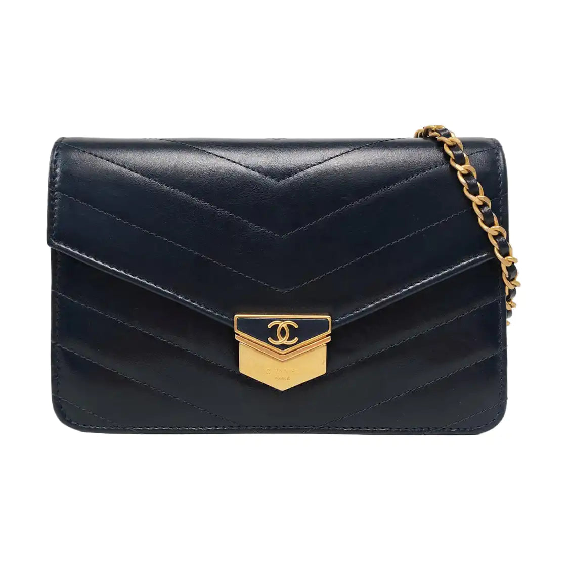 CHANEL MEDAL ENVELOPE Dark Blue Calfskin Quilted V-Shape Shoulder Bag with Gold Hardware-(SKU)-963604002
