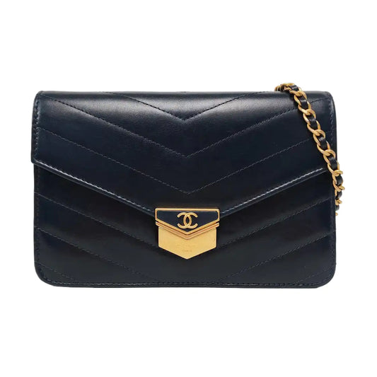 CHANEL MEDAL ENVELOPE Dark Blue Calfskin Quilted V-Shape Shoulder Bag with Gold Hardware-(SKU)-963604002