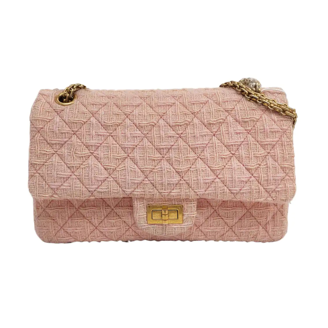 CHANEL 2.55 Small Light Pink Fabric Quilted Chain Shoulder Bag Crossbody Bag with Gold Hardware 23 Clasp-(SKU)-960446788