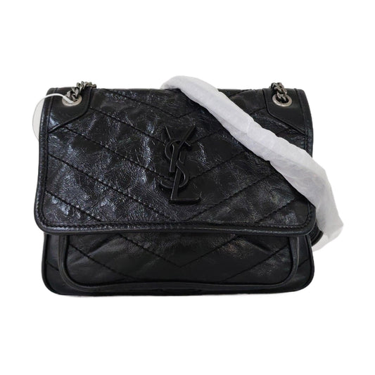 YSL NIKI Mini Black Leather Quilted V-Shape Shoulder Bag with Black Ruthenium Hardware-(SKU)-963404190