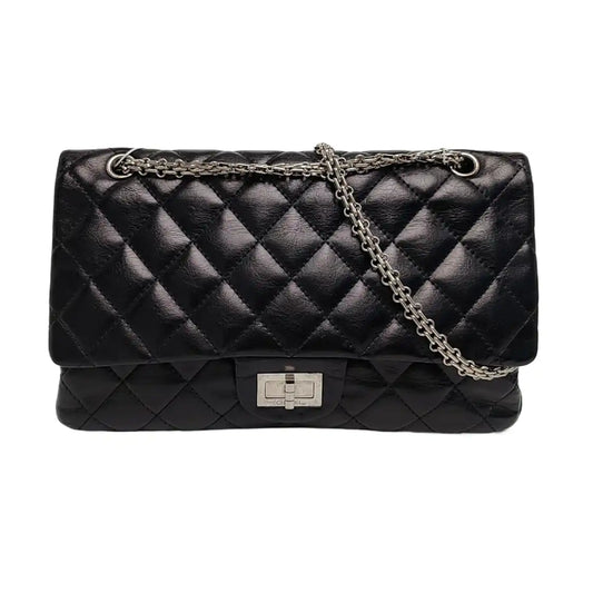 CHANEL 2.55 Maxi Super Large Black Lamb Leather Quilted Single Shoulder Bag Tote Bag Palladium Hardware 14 Clasp-(SKU)-963460572