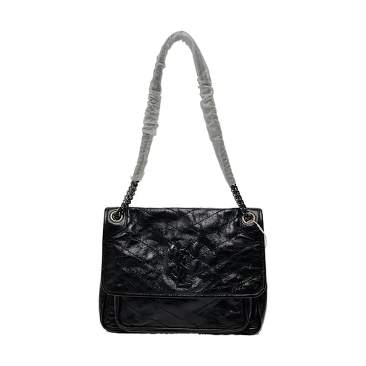 YSL NIKI Medium Size Black Leather Quilted V-Stitch Shoulder Bag Black Ruthenium Hardware-(SKU)-963849418