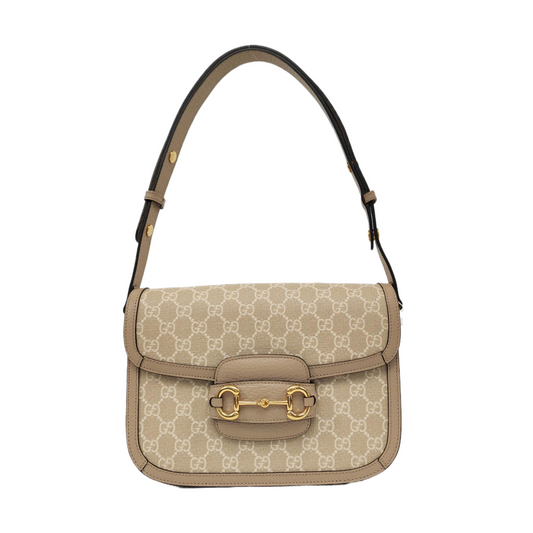 GUCCI Horsebit 1955 Small White Coated Canvas Monogram Horsebit Shoulder Bag Crossbody Bag Golden Hardware-(SKU)-964403067