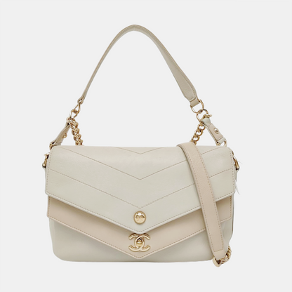 CHANEL ELAPHE White Lamb Skin V-Stitch Single Shoulder Bag Handbag Crossbody Bag with Gold Hardware-(SKU)-964402541