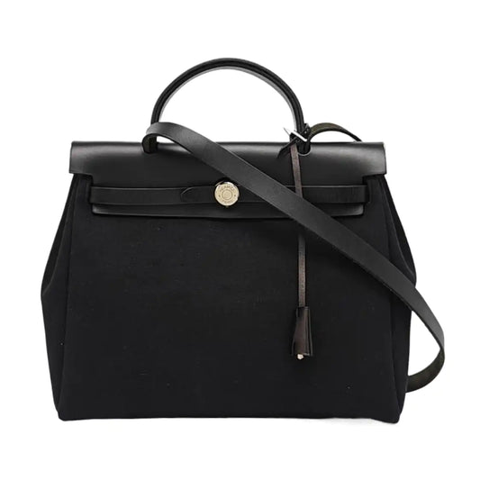 HERMÈS Herbag 31 Black Canvas Single Shoulder Bag Handbag Silver Hardware 🄶 Removable Strap-(SKU)-964612270