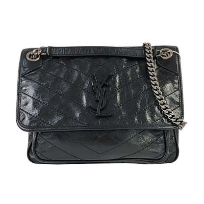 YSL NIKI Medium Black Leather Quilted V-Shape Shoulder Bag Black Ruthenium Hardware-(SKU)-964795296
