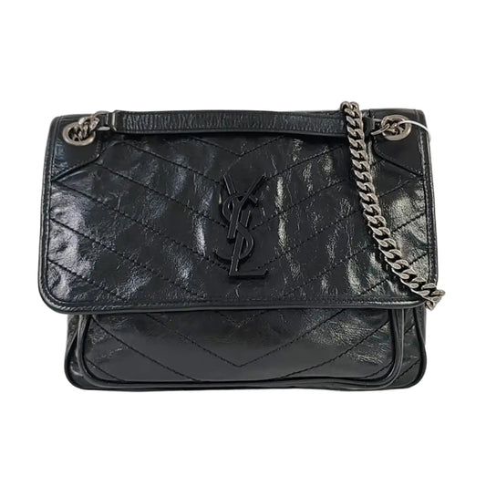 YSL NIKI Medium Black Leather Quilted V-Shape Shoulder Bag Black Ruthenium Hardware-(SKU)-964795296