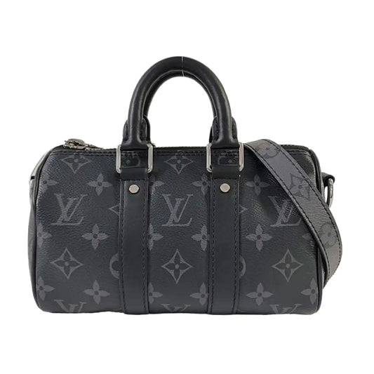 LOUIS VUITTON KEEPALL Nano Black coated canvas monogram Boston bag shoulder bag handbag crossbody bag with silver hardware and removable shoulder strap-(SKU)-964540758