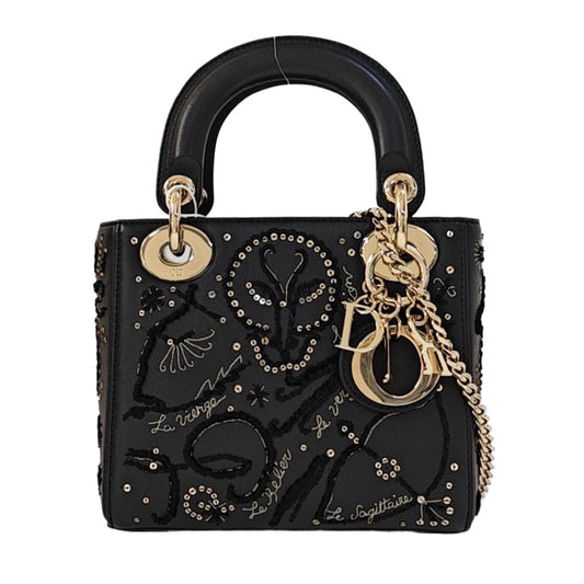 DIOR Lady Dior Mini Black Calfskin Embroidered Weaved Dior Bag Crossbody Shoulder Bag with Gold Hardware, Detachable Strap-(SKU)-965267708