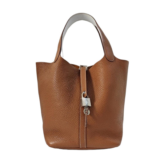HERMÈS Picotin Lock 22 Gold Brown Clemence Leather Basket Tote Bag Shoulder Bag Silver Hardware Z-(SKU)-965274006