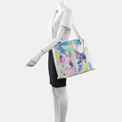 LOUIS VUITTON WEEK-END Large size white coated canvas Monogram vintage print single shoulder bag with handle, silver hardware, interior pocket, removable shoulder strap-(SKU)-965602289