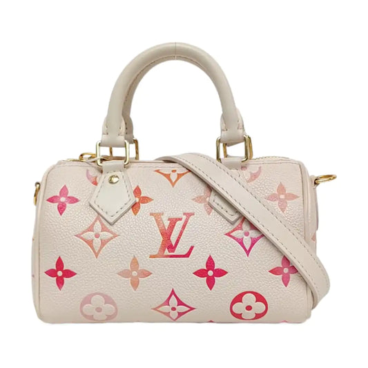 LOUIS VUITTON SPEEDY Nano White Calfskin Monogram Embossed Boston Bag Shoulder Bag Tote Bag Crossbody Bag Gold Hardware Removable Strap-(SKU)-965553381