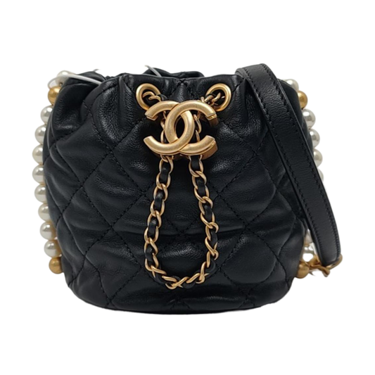 CHANEL DRAWSTRING Mini Black Calfskin Quilted Crossbody Shoulder Bag with Gold Hardware, 31 openings-(SKU)-965301985